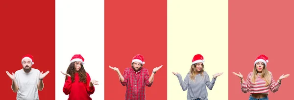 Collage Group Young People Wearing Chrismast Hat Isolated Background Clueless — Stock Photo, Image