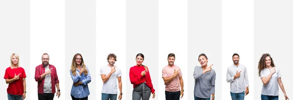 Collage Diferentes Etnias Jóvenes Sobre Rayas Blancas Fondo Aislado Alegre — Foto de Stock