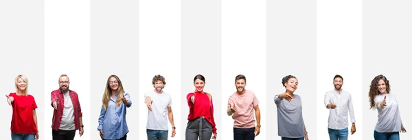 Collage Different Ethnics Young People White Stripes Isolated Background Smiling — Stock Photo, Image