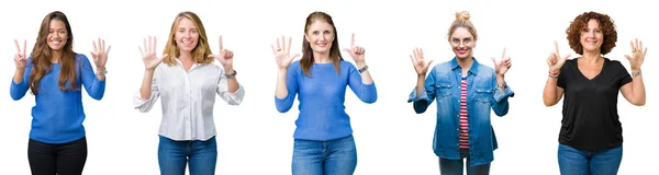 Коллаж Группы Красивых Женщин Белом Изолированном Фоне Показывающий Указывающий Пальцами — стоковое фото