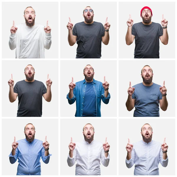 Collage Young Man Isolated Background Amazed Surprised Looking Pointing Fingers — Stock Photo, Image