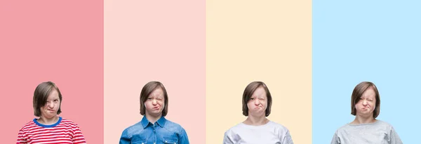 Collage Del Síndrome Mujer Sobre Rayas Colores Fondo Aislado Guiño —  Fotos de Stock