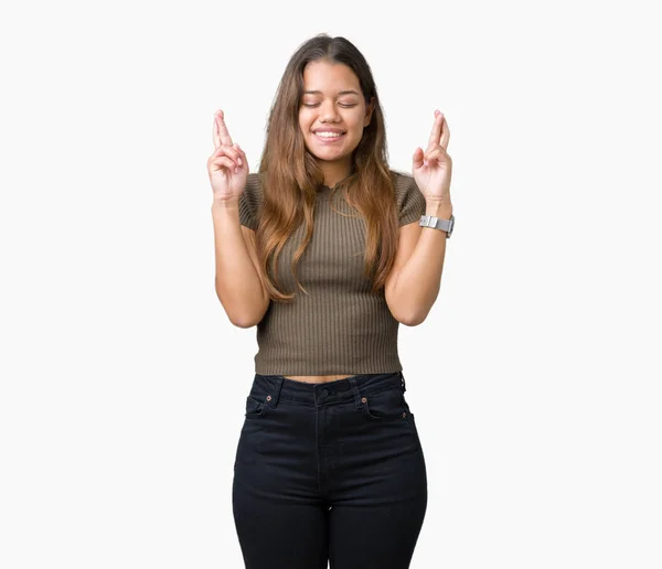 Young Beautiful Brunette Woman Isolated Background Smiling Crossing Fingers Hope — Stock Photo, Image