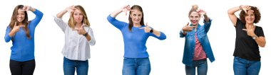 Elle yapma çerçeve ve parmakları ile mutlu yüz gülümseyen beyaz izole arka plan üzerinde güzel kadın grubu kolaj. Yaratıcılık ve Fotoğrafçılık kavramı.