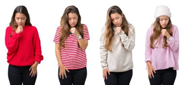 Kolaj güzel genç kadının duygu hasta ve soğuk veya bronşit için semptom olarak öksürük izole arka plan üzerinde. Sağlık kavramı.