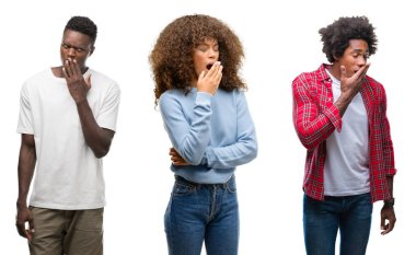 Kolaj Afro-Amerikan grup izole arka plan üzerinde insan eliyle ağzını kapsayan yorgun esneme sıkılmış. Restless ve uyku hali.