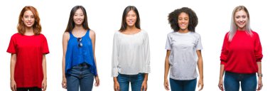 Yüzünde mutlu ve güzel bir gülümseme ile izole arka plan üzerinde güzel Çin, Asya, Afrika kökenli Amerikalı, beyaz kadın grubu kolaj. Şanslı kişi.