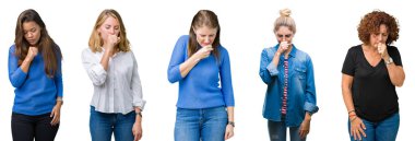 Kolaj üzerinde beyaz güzel kadınların grubunun soğuk veya bronşit için arka plan duygu hasta ve semptom olarak öksürük izole. Sağlık kavramı.