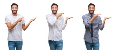 Yakışıklı genç Hintli uzak tarafına yüzünde, doğal ifade gülümseme ile seyir izole arka plan üzerinde kolaj. Kendine güvenen gülüyor.