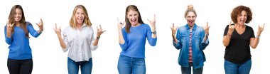 Kolaj bir grup deli ifade rock simge elle yapıyor ile bağırarak beyaz izole arka plan üzerinde güzel kadınların. Müzik yıldızı. Ağır kavramı.