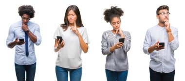 Arka plan ciddi bir yüz düşünme hakkında soru, çok karışık bir fikir insanlar manifatura üzerinden smartphone kullanarak ileti gönderme kolaj izole