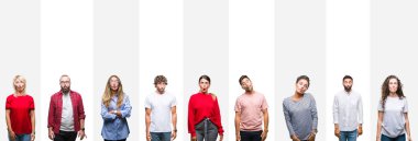 Kolaj farklı etnik genç insanlar izole beyaz çizgili arka plan yapma balık yüzüne dudaklı, çılgın ve komik bir jest. Komik ifade.