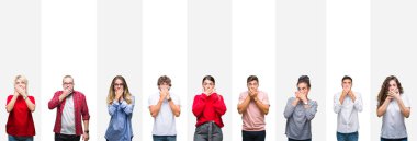 Farklı etnik genç insanlar üzerinde beyaz çizgili izole arka plan ağız hata için elleriyle kapsayan şok kolaj. Gizli kavramı.