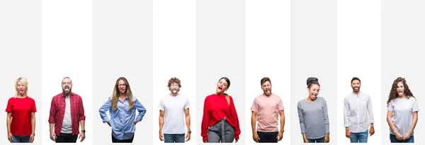 Collage Diferentes Etnias Jóvenes Sobre Rayas Blancas Aislado Fondo Sobresaliendo —  Fotos de Stock