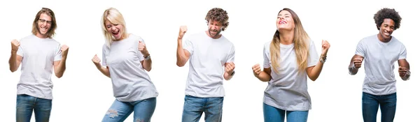 Emberek Visel Alkalmi Fehér Póló Felső Elszigetelt Háttér Nagyon Boldog — Stock Fotó