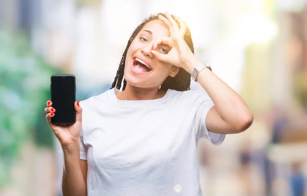 Young Gevlochten Haar Afrikaanse Amerikaans Meisje Weergegeven Scherm Van Smartphone — Stockfoto