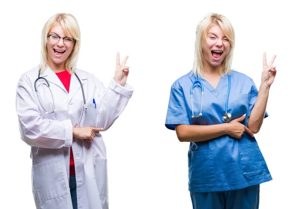 勝利のサインを行うカメラでウィンクしている幸せそうな顔を浮かべて白い分離背景に医師や看護師の女性のコラージュ — ストック写真