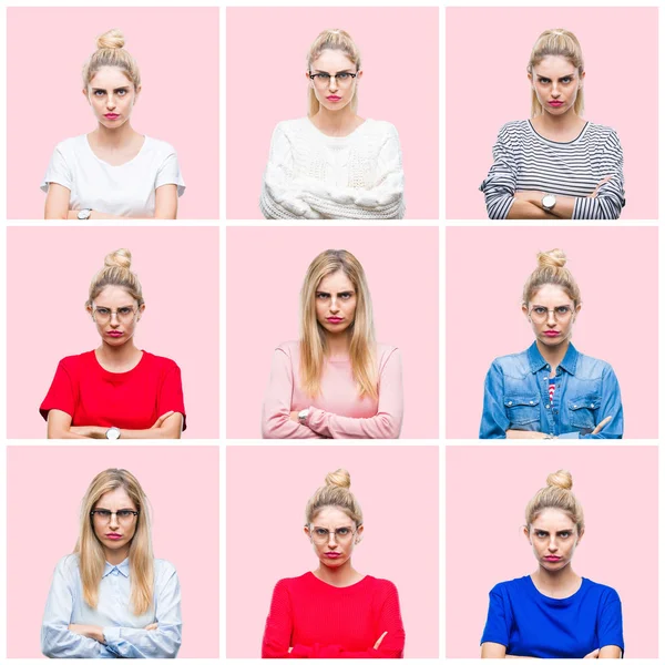 Collage Unga Vackra Blonda Kvinnan Över Rosa Isolerade Bakgrund Skeptiker — Stockfoto
