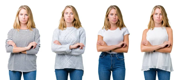 Collage Hermosa Mujer Rubia Sobre Fondo Blanco Aislado Escéptico Nervioso — Foto de Stock