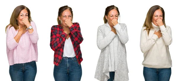 Collage Hermosa Mujer Mediana Edad Con Suéter Invierno Sobre Fondo — Foto de Stock