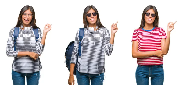 Collage of asian young student woman wearing headphones and backpack over white isolated background with a big smile on face, pointing with hand and finger to the side looking at the camera.