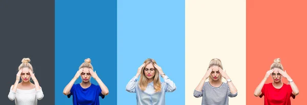 Collage Unga Vackra Blonda Kvinnan Över Levande Färgglada Vintage Stripes — Stockfoto