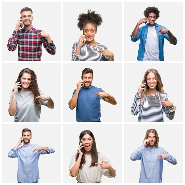 Collage Grupp Ungdomar Ringer Med Smartphone Isolerade Bakgrund Med Överraskning — Stockfoto