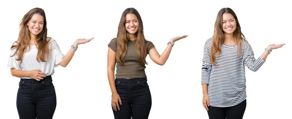 Colagem Bela Jovem Sobre Fundo Isolado Sorrindo Alegre Apresentando Apontando — Fotografia de Stock