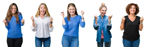 Colagem Grupo Mulheres Bonitas Sobre Fundo Isolado Branco Comemorando Surpreso — Fotografia de Stock