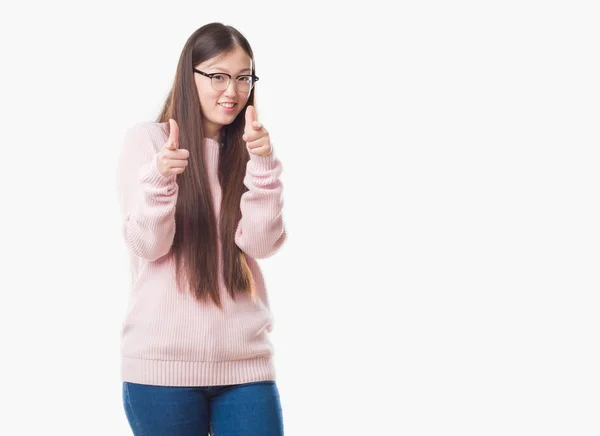 Young Chinese Woman Isolated Background Wearing Glasses Pointing Fingers Camera — Stock Photo, Image