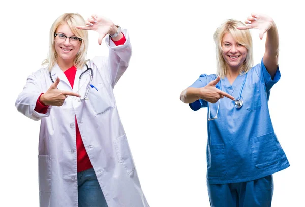 Collage Von Arzt Und Krankenschwester Vor Weißem Isoliertem Hintergrund Die — Stockfoto