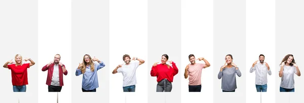 Collage Diferentes Etnias Jóvenes Sobre Rayas Blancas Fondo Aislado Sonriendo — Foto de Stock