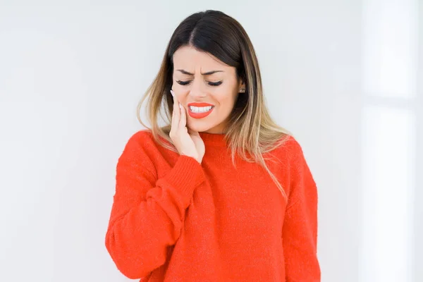Young Woman Wearing Casual Red Sweater Isolated Background Touching Mouth — Stock Photo, Image