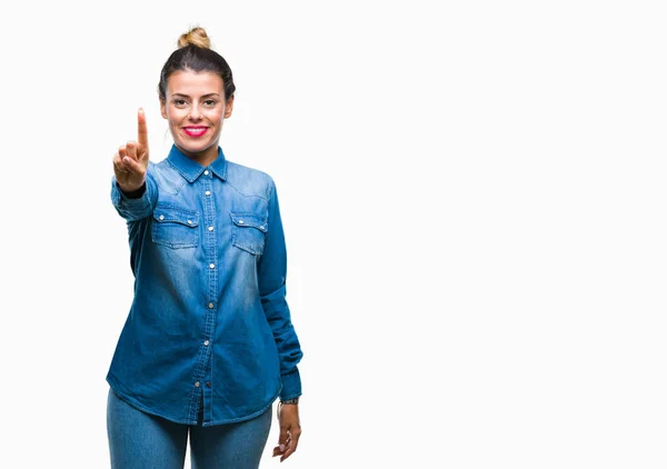 Joven Hermosa Mujer Sobre Fondo Aislado Mostrando Señalando Hacia Arriba — Foto de Stock