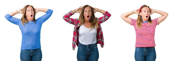 Collage Hermosa Mujer Mediana Edad Sobre Fondo Aislado Loco Asustado — Foto de Stock