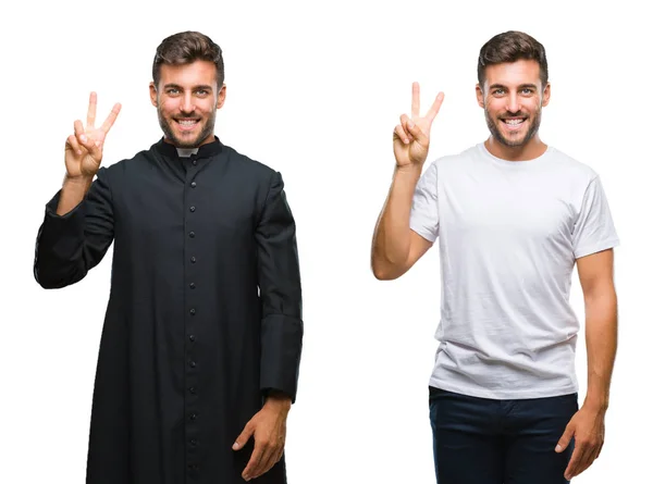 Collage Bel Giovane Prete Cattolico Sfondo Isolato Che Mostra Indica — Foto Stock