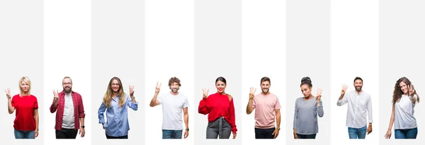 不同的种族年轻人拼贴在白色条纹隔离的背景显示和指向与手指数字三 同时微笑自信和快乐 — 图库照片