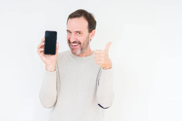 Senior Man Showing Smartphone Screen Isolated Background Happy Big Smile — Stock Photo, Image