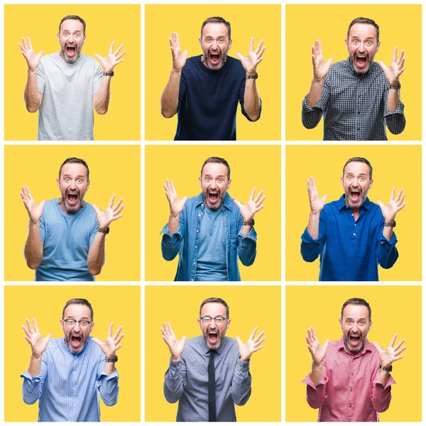 Colagem Ancião Sênior Homem Elegante Sobre Amarelo Fundo Isolado Celebrando — Fotografia de Stock