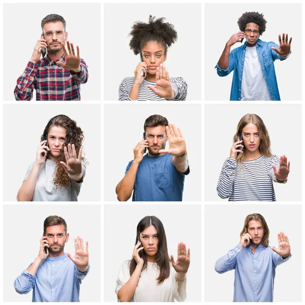 Collage Van Groep Jongeren Bellen Met Behulp Van Smartphone Geïsoleerde — Stockfoto