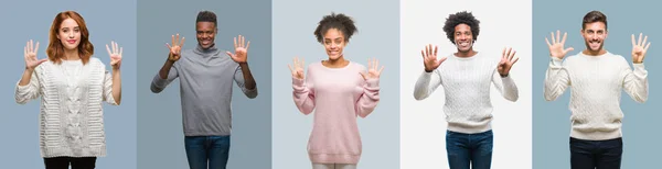 Collage Grupo Afroamericanos Hispanos Que Usan Suéter Invierno Sobre Fondo —  Fotos de Stock