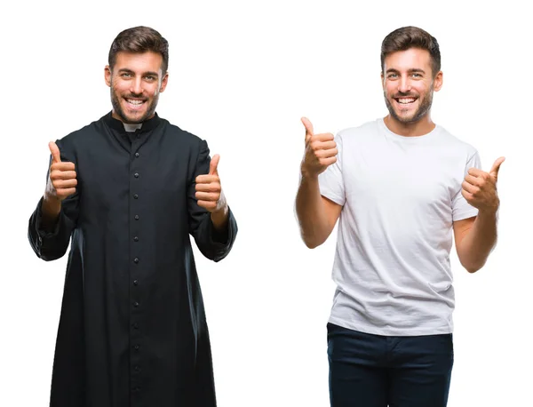 Collage Joven Guapo Sacerdote Católico Sobre Fondo Aislado Signo Éxito —  Fotos de Stock