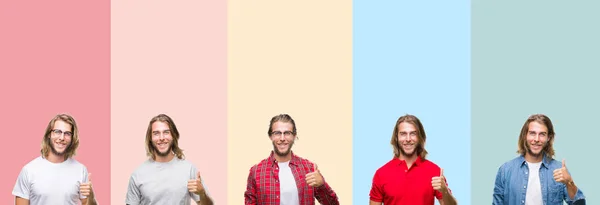 Collage Giovane Bell Uomo Strisce Colorate Sfondo Isolato Facendo Pollici — Foto Stock