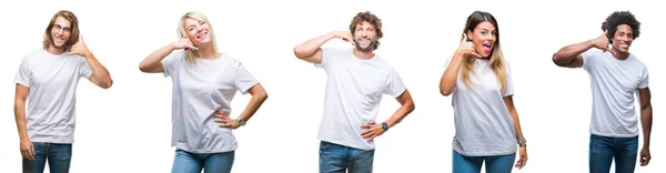 Collage Van Groep Mensen Dragen Casual Wit Shirt Geïsoleerde Achtergrond — Stockfoto