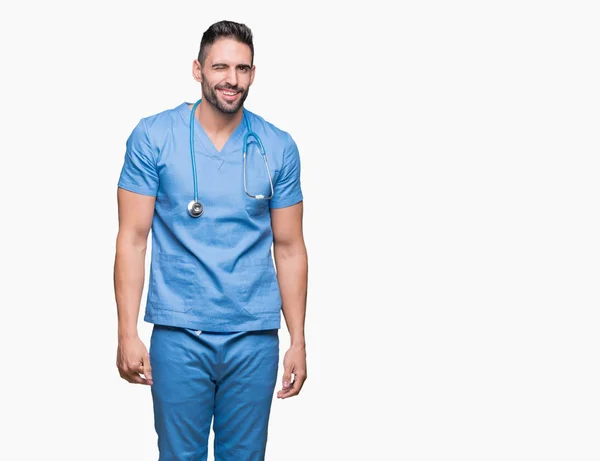 Handsome Young Doctor Surgeon Man Isolated Background Winking Looking Camera — Stock Photo, Image