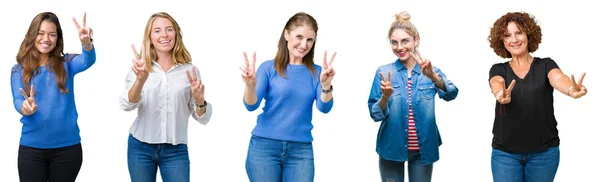 Collage Grupo Mujeres Hermosas Sobre Fondo Blanco Aislado Sonriendo Mirando —  Fotos de Stock