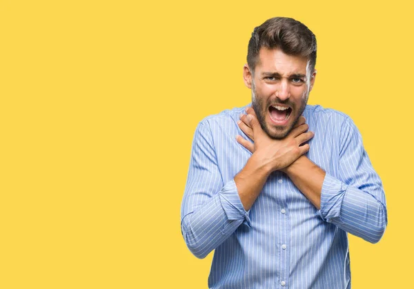 Young Handsome Man Isolated Background Shouting Suffocate Because Painful Strangle — Stock Photo, Image