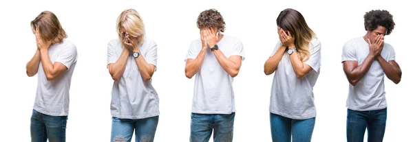 Collage Einer Gruppe Von Menschen Lässigem Weißen Shirt Vor Isoliertem — Stockfoto