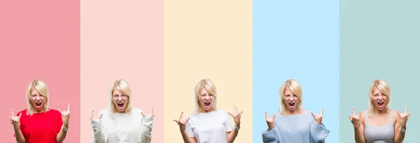 Collage Hermosa Mujer Rubia Sobre Rayas Colores Fondo Aislado Gritando —  Fotos de Stock