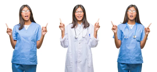白背景分離びっくり驚いて見上げると指で指していると腕を上げた上に立ってアジアの若い外科医医師や看護師の女性のコラージュ — ストック写真